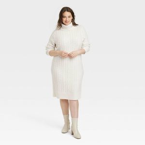 Women's Turtleneck Long Sleeve Cozy Sweater Dress - A New Day Cream XXL